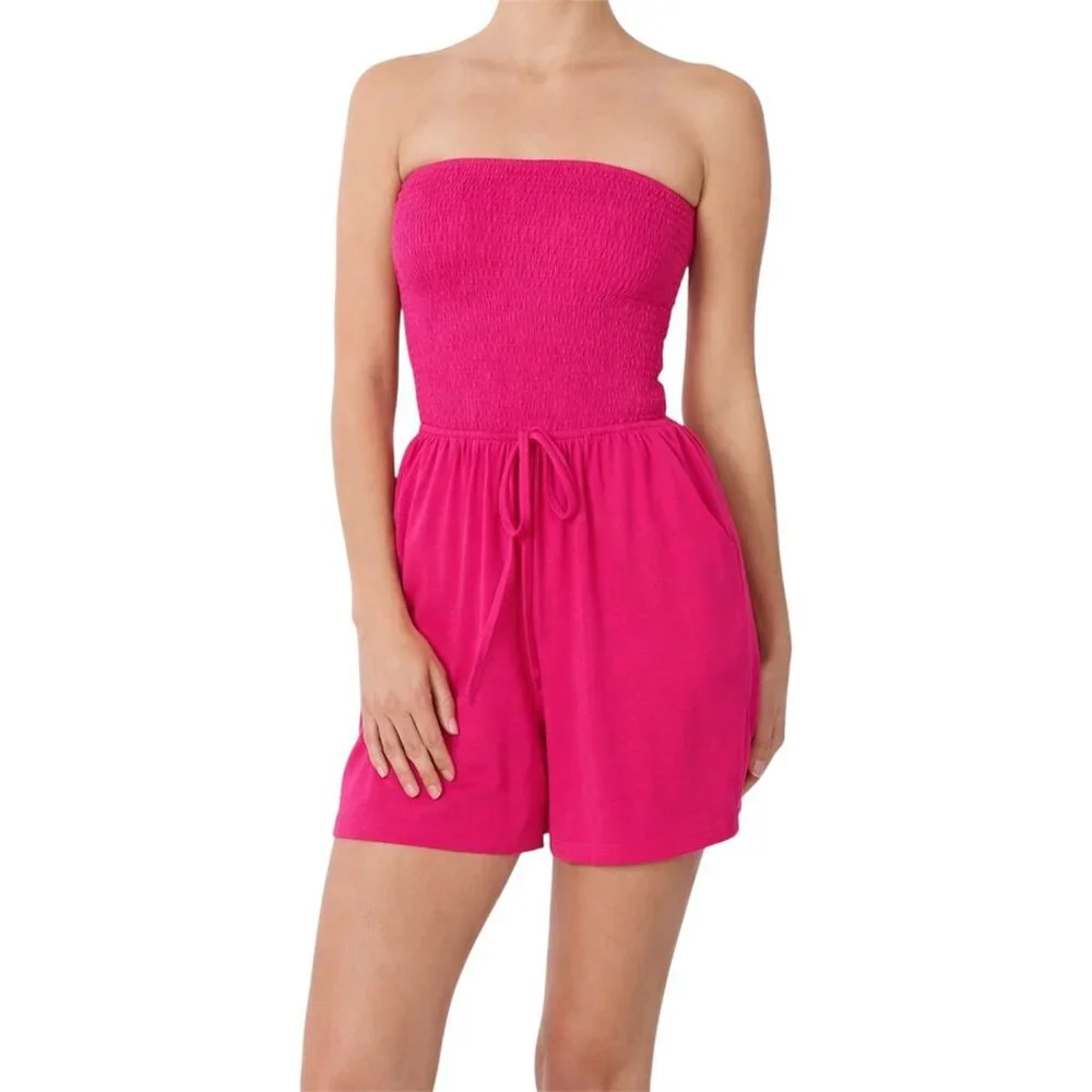 Zenana Hot Pink Strapless Smocked Romper Size Medium ๐ - Picture 1 of 7